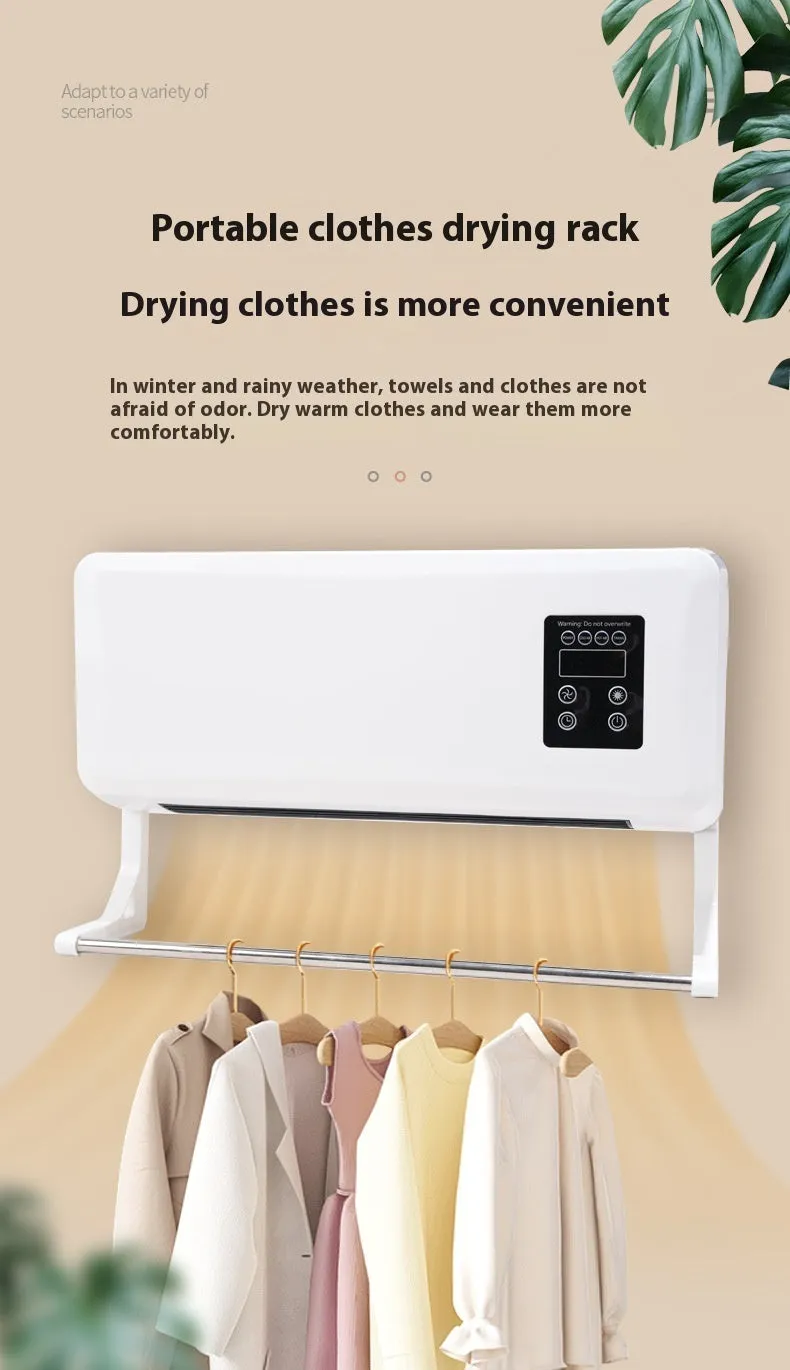 White wall-mounted warm air blower bathroom heater with digital temperature control, 42x18x12cm