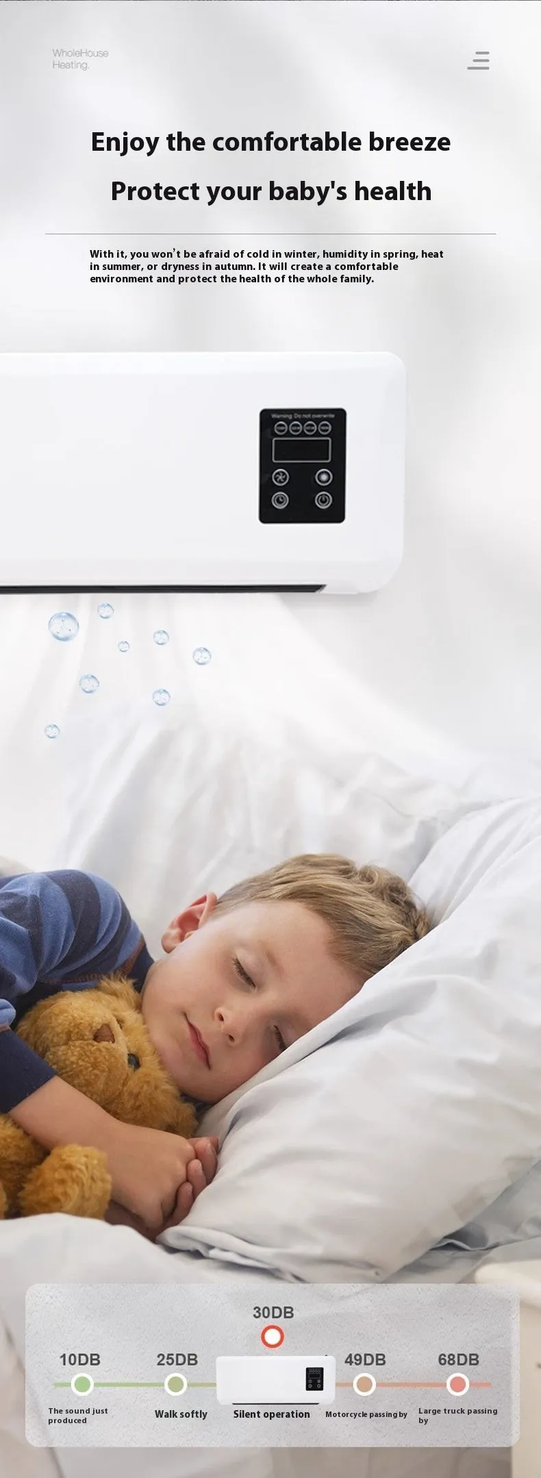 White wall-mounted warm air blower bathroom heater with digital temperature control, 42x18x12cm