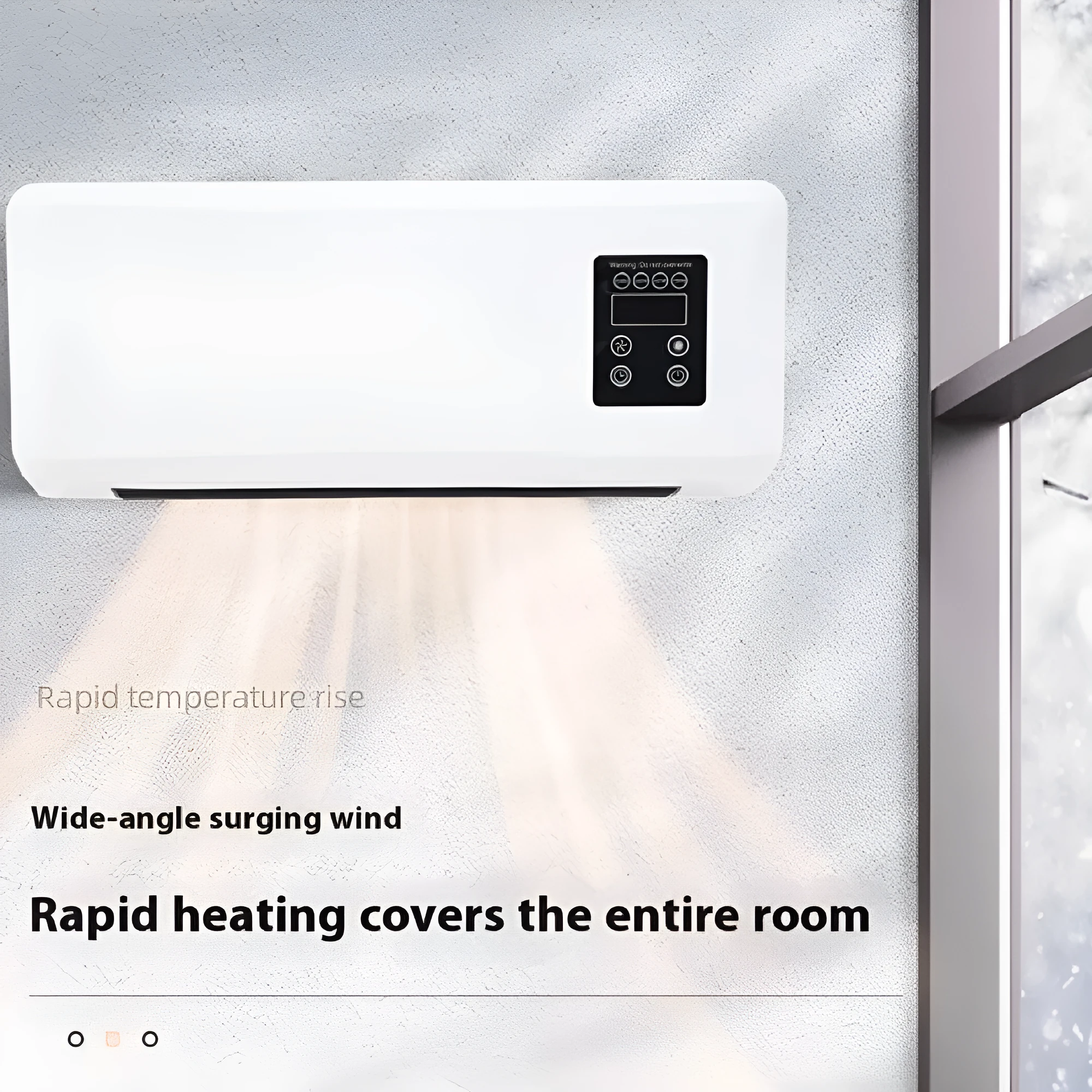 White wall-mounted warm air blower bathroom heater with digital temperature control, 42x18x12cm