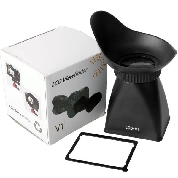 Black camera LCD screen viewfinder with magnification lens shown attached to a DSLR camera.