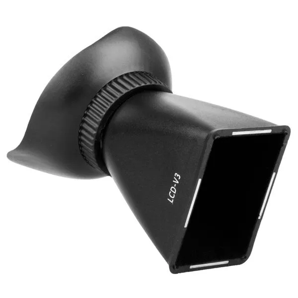 Black camera LCD screen viewfinder with magnification lens shown attached to a DSLR camera.