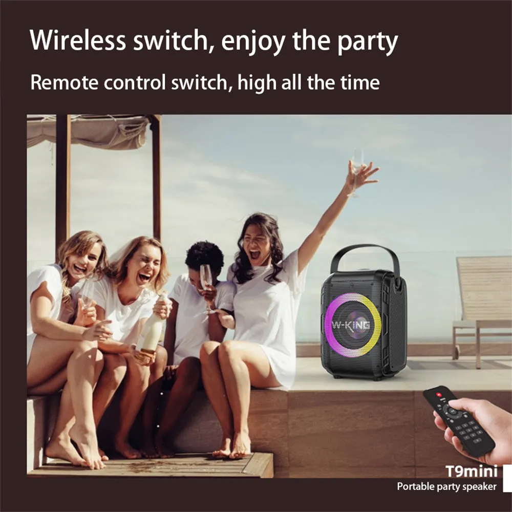 Black portable Bluetooth speaker with cool light circle, horizontal placement, wireless connection for music streaming