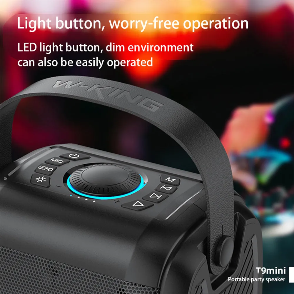 Black portable Bluetooth speaker with cool light circle, horizontal placement, wireless connection for music streaming