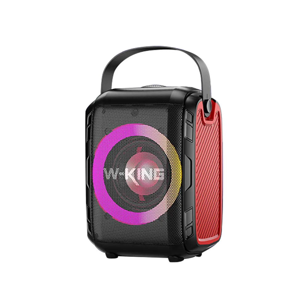 Black portable Bluetooth speaker with cool light circle, horizontal placement, wireless connection for music streaming