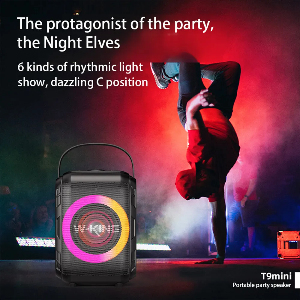 Black portable Bluetooth speaker with cool light circle, horizontal placement, wireless connection for music streaming