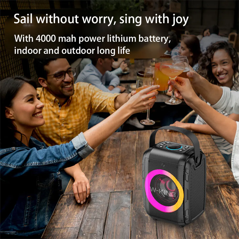 Black portable Bluetooth speaker with cool light circle, horizontal placement, wireless connection for music streaming