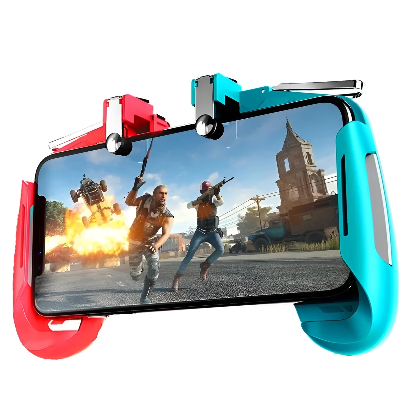 Multifunctional mobile game handle with magnetic wireless charging stand and adjustable phone bracket in black, blue, or white.