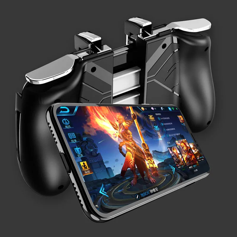 Multifunctional mobile game handle with magnetic wireless charging stand and adjustable phone bracket in black, blue, or white.