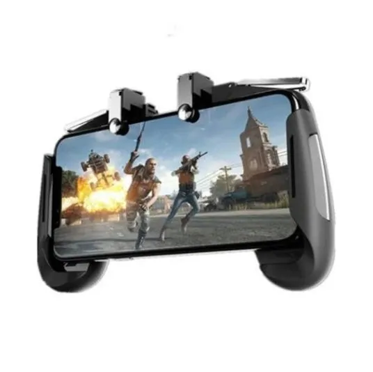 Multifunctional mobile game handle with magnetic wireless charging stand and adjustable phone bracket in black, blue, or white.