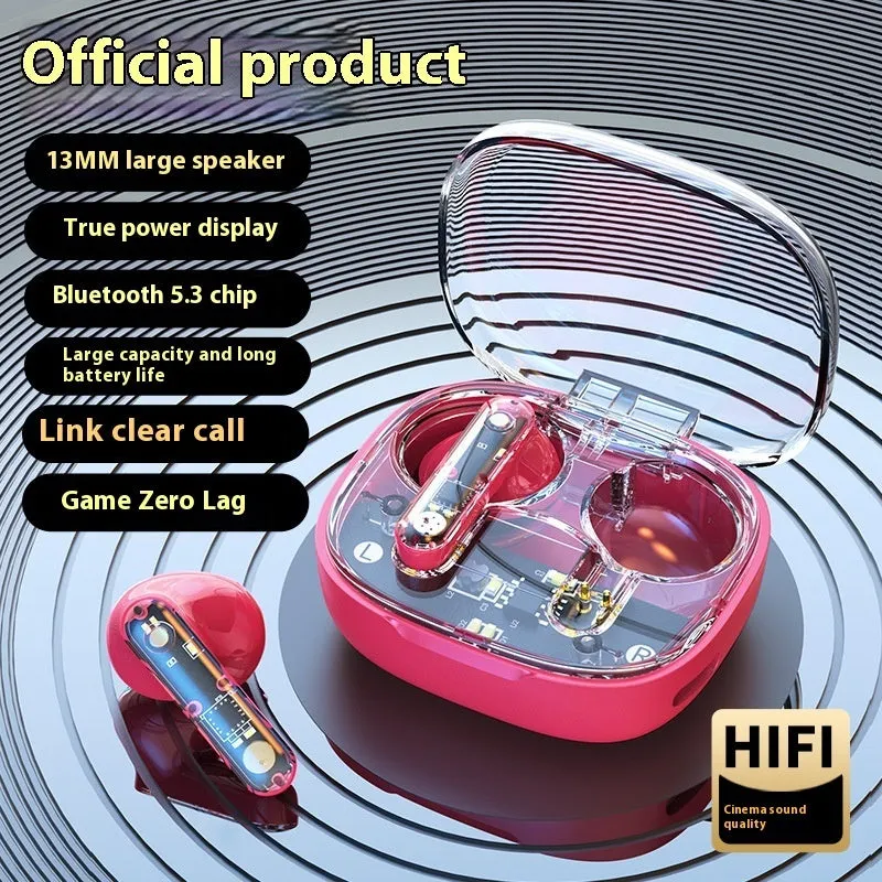 Translucent Bluetooth headset in clear ABS plastic with in-ear fit and charging case