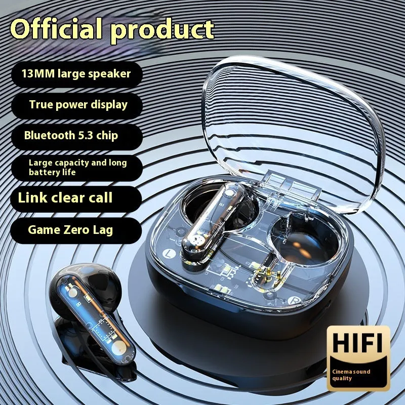 Translucent Bluetooth headset in clear ABS plastic with in-ear fit and charging case