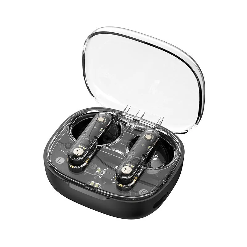Translucent Bluetooth headset in clear ABS plastic with in-ear fit and charging case