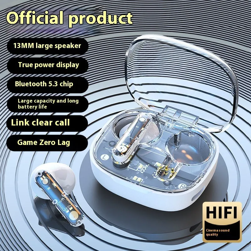 Translucent Bluetooth headset in clear ABS plastic with in-ear fit and charging case