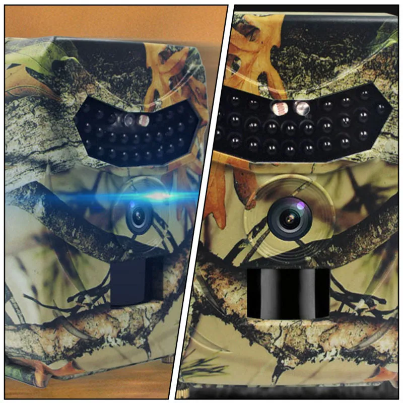 Yellow brown plastic 16MP hunting game camera with infrared LEDs for night vision.