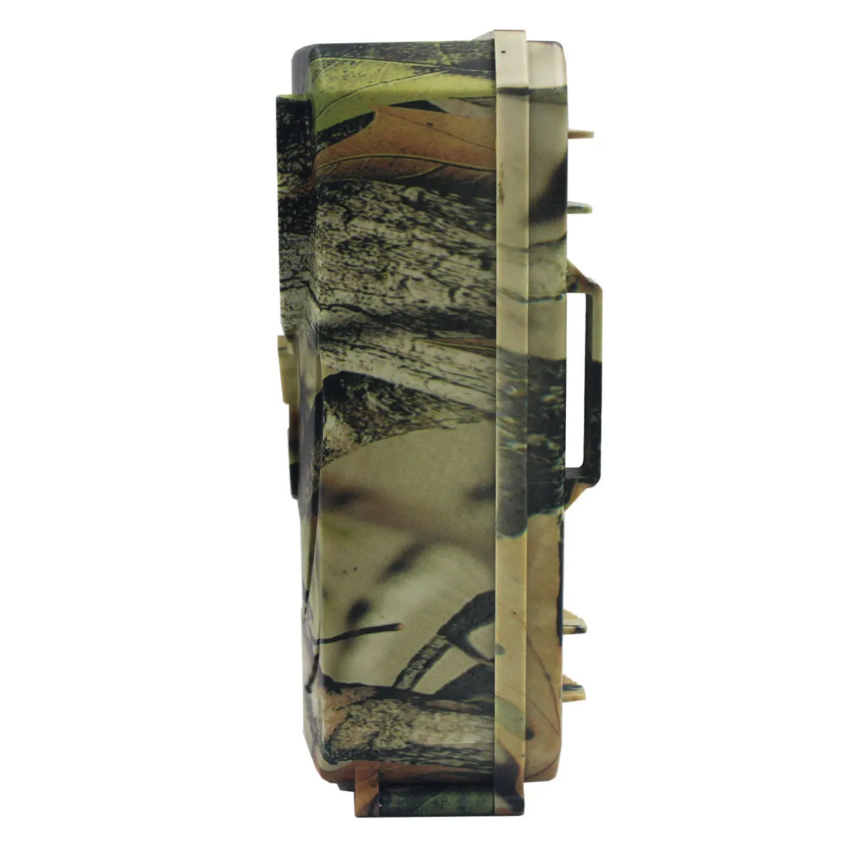 Yellow brown plastic 16MP hunting game camera with infrared LEDs for night vision.