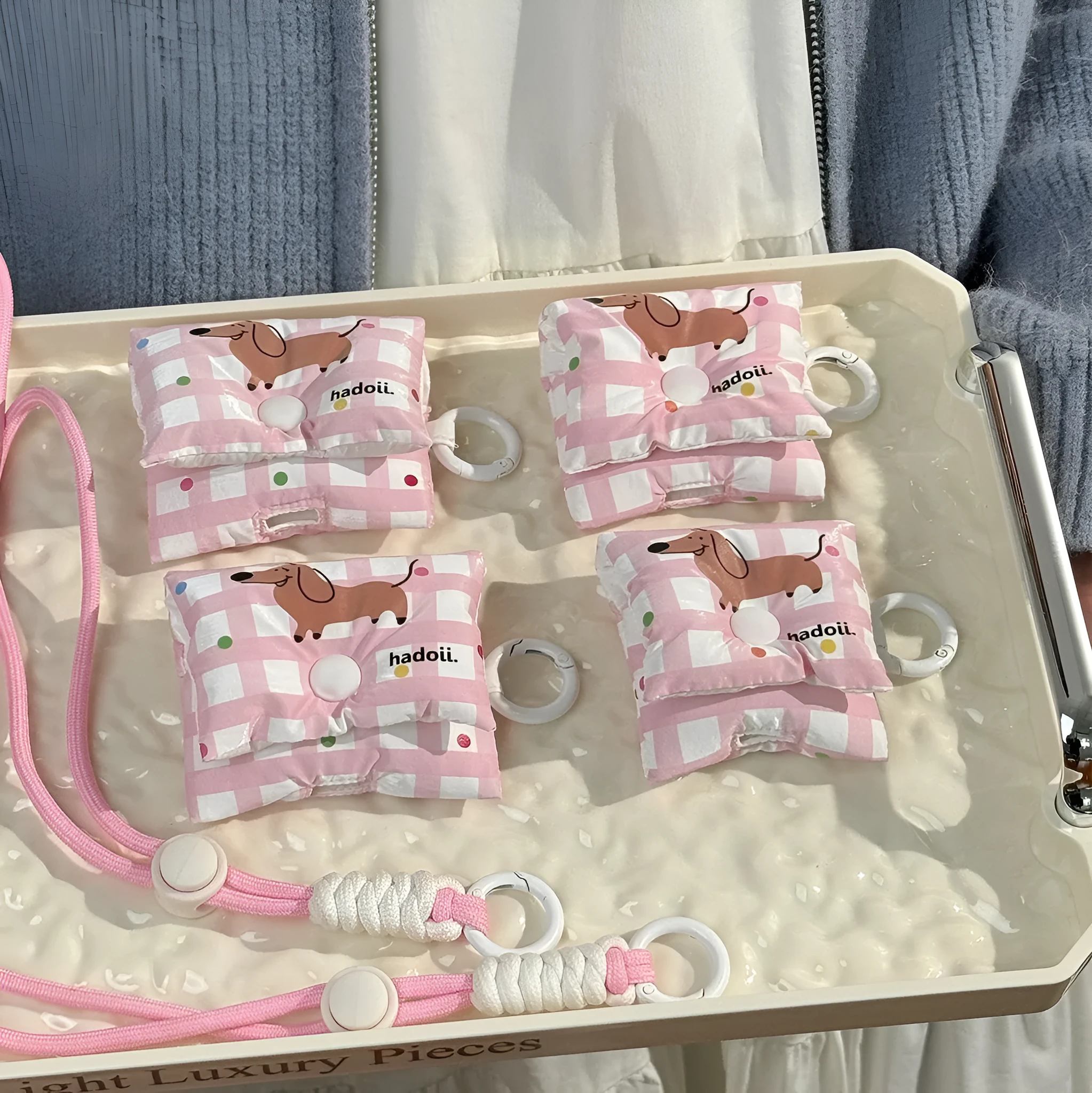 Pink plaid sausage dog fabric earphone sleeve with anti-lost carrying strap for Apple AirPods