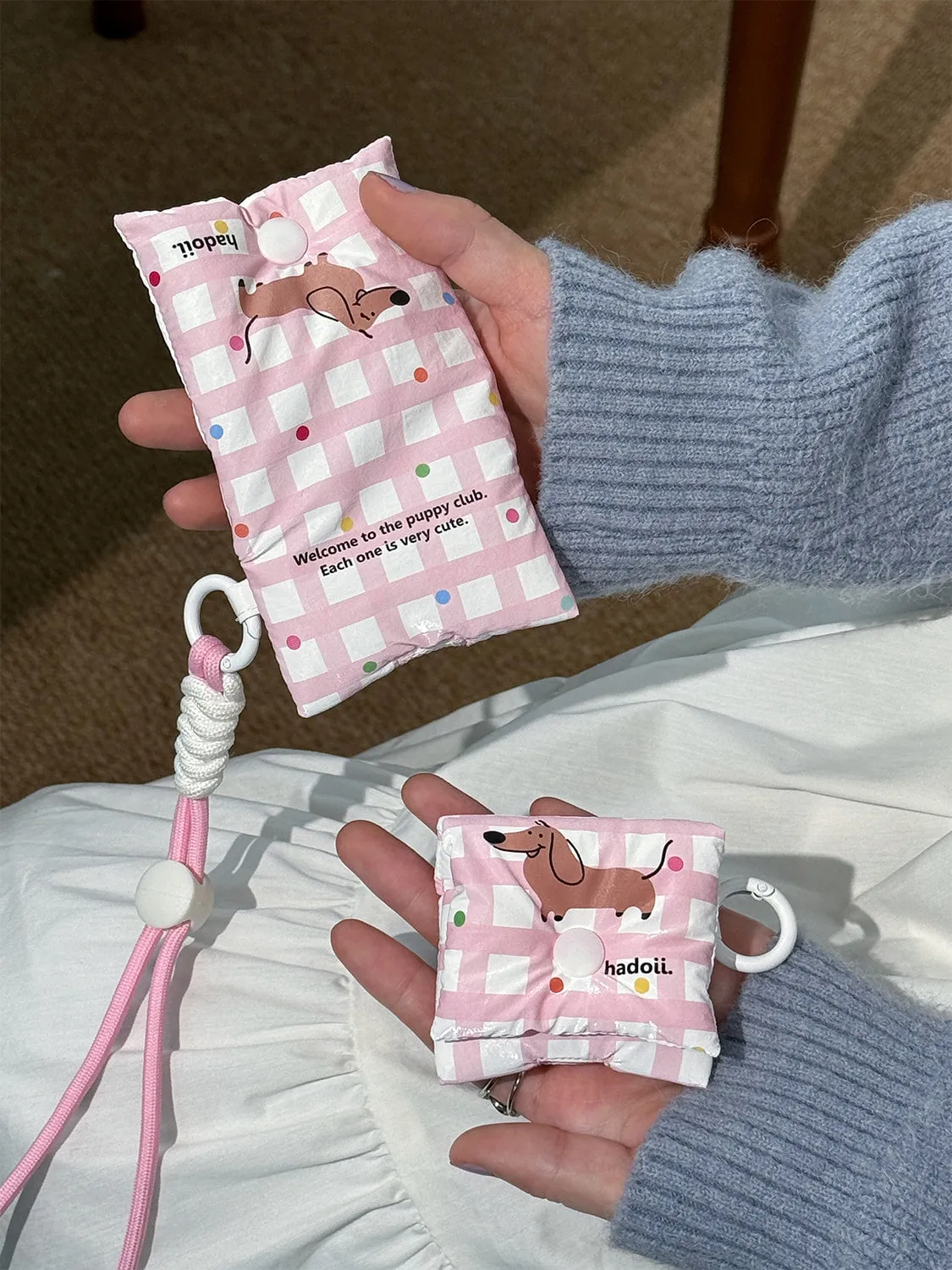 Pink plaid sausage dog fabric earphone sleeve with anti-lost carrying strap for Apple AirPods