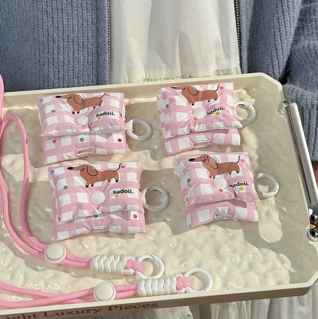 Pink plaid sausage dog fabric earphone sleeve with anti-lost carrying strap for Apple AirPods