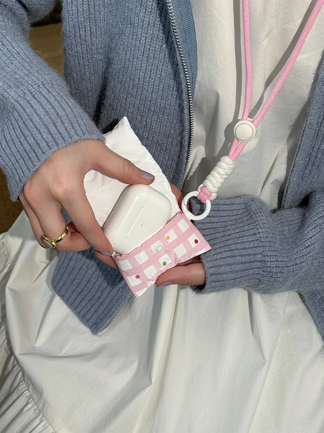 Pink plaid sausage dog fabric earphone sleeve with anti-lost carrying strap for Apple AirPods