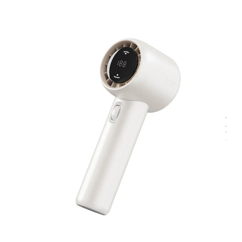 Mini handheld portable fan in Diamond White with knob control and USB data cable for outdoor charging