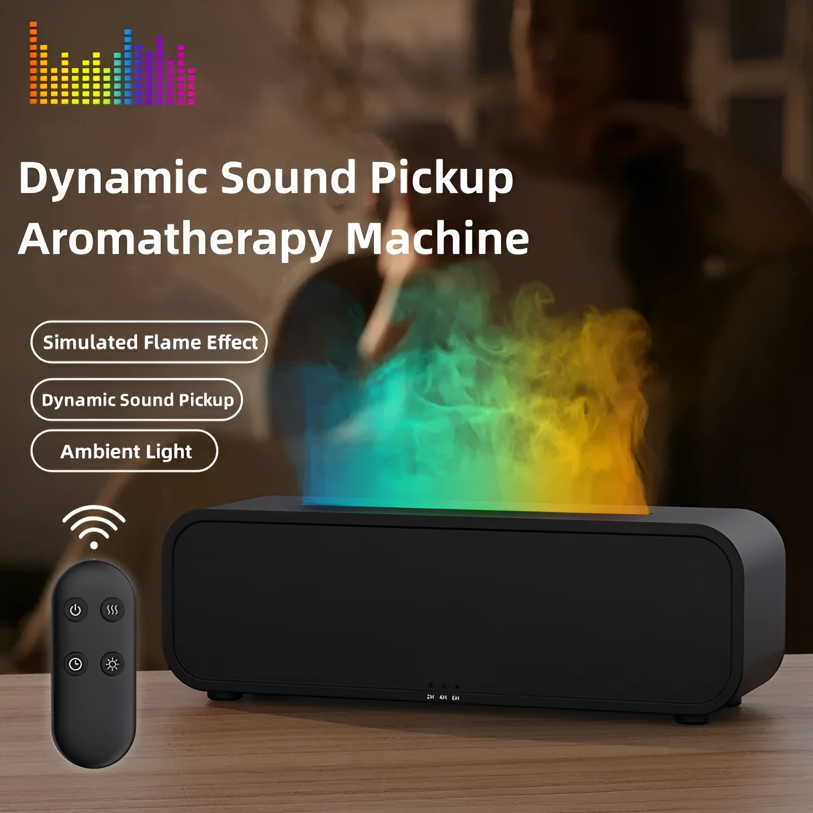 Black and white aromatherapy diffuser with flame LED effect and remote control on wooden surface
