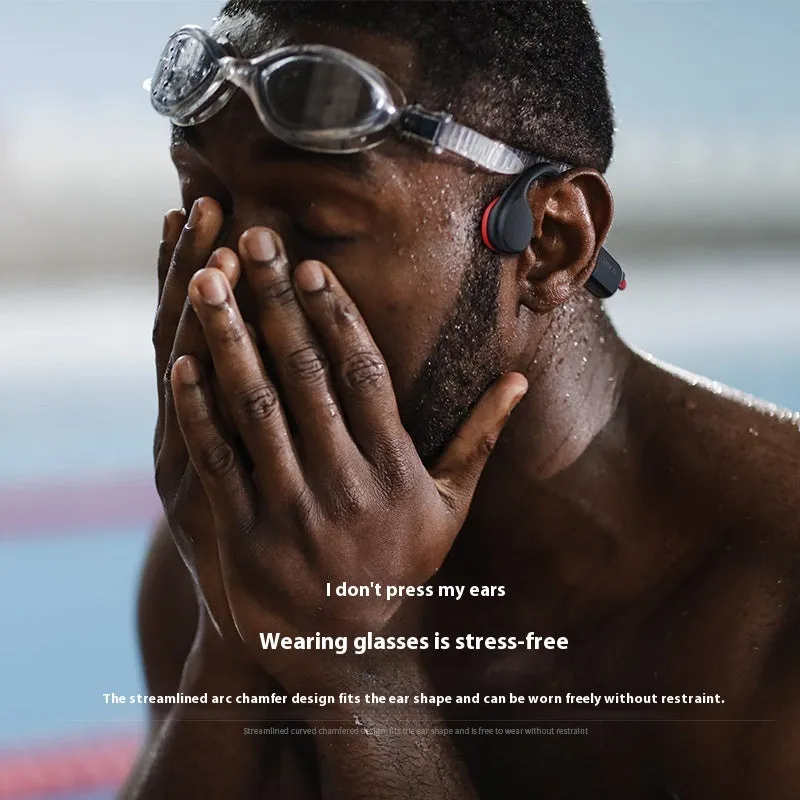 Bone conduction Bluetooth headset in black and red with ear-hook design for sports and waterproof use