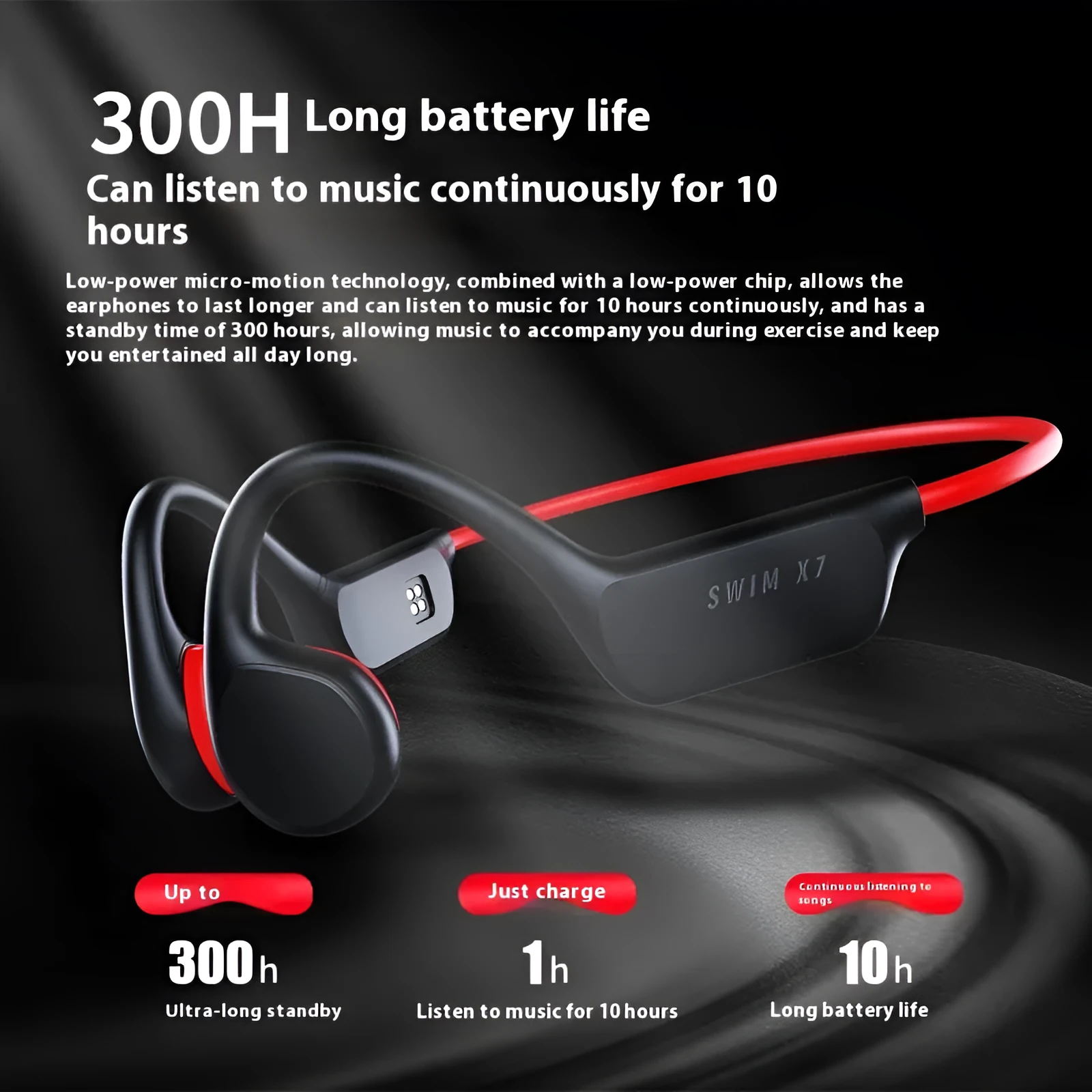 Bone conduction Bluetooth headset in black and red with ear-hook design for sports and waterproof use