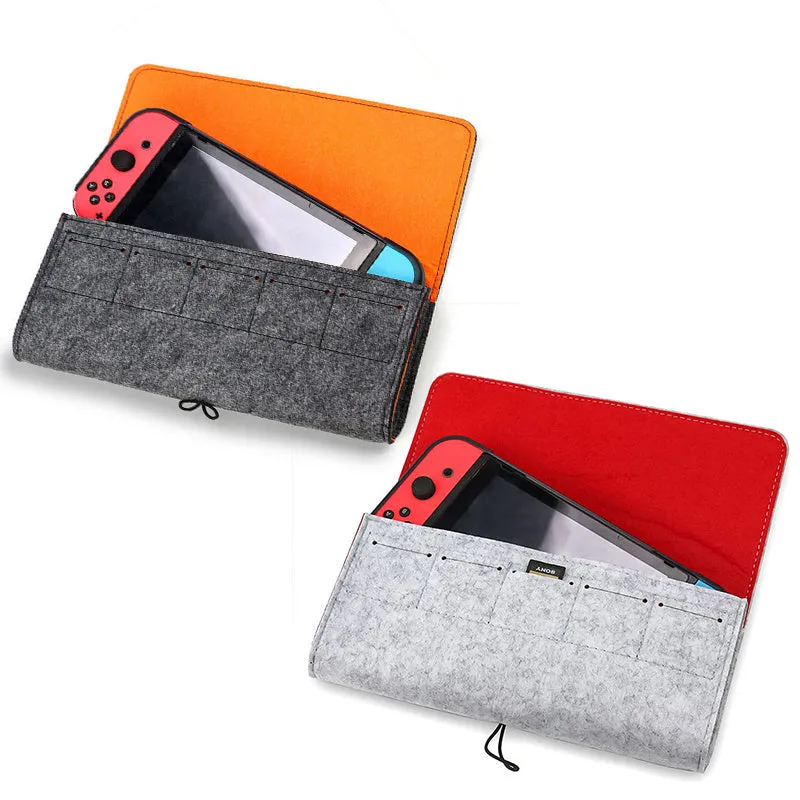 Black felt pouch for Nintendo Switch open to show console compartment and 5 game card slots.