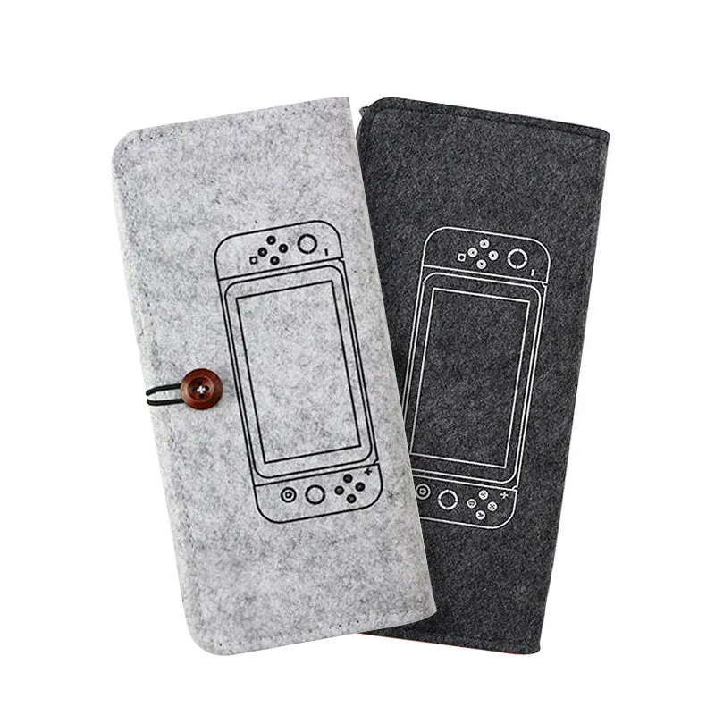 Black felt pouch for Nintendo Switch open to show console compartment and 5 game card slots.
