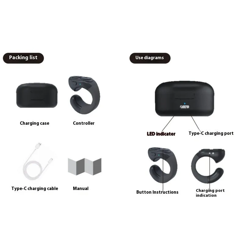 TP-1 Bluetooth remote control in black with charging case, 10 metre range, 50-60 hour battery