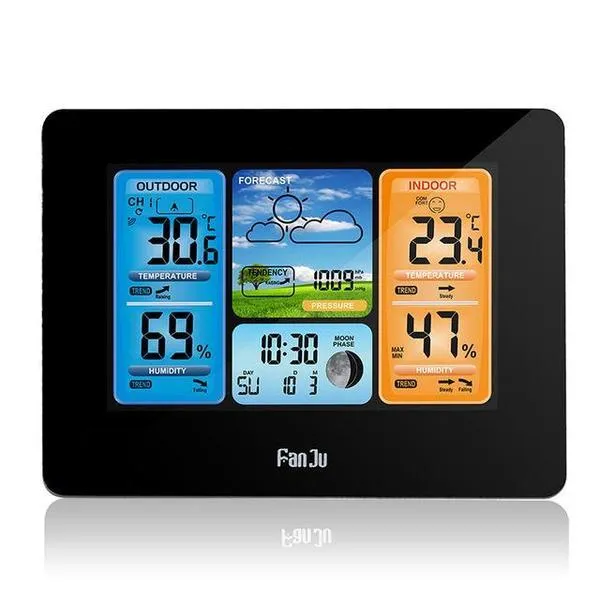 Rectangular black or yellow plastic pocket weather station with LCD display showing time, temperature, and weather icons.