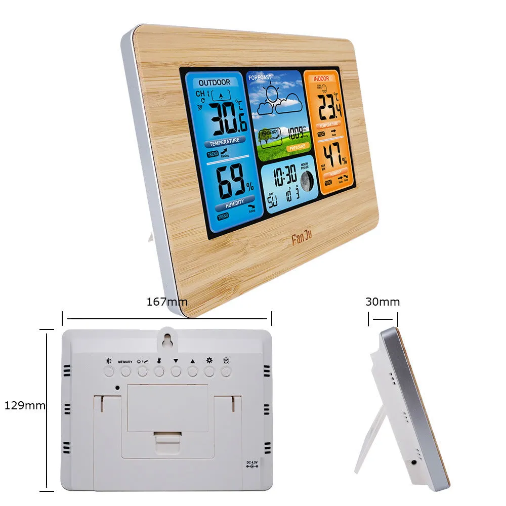 Rectangular black or yellow plastic pocket weather station with LCD display showing time, temperature, and weather icons.