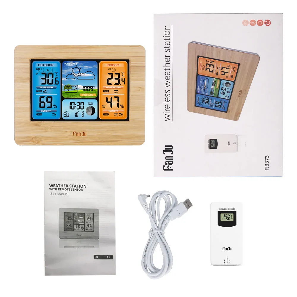 Rectangular black or yellow plastic pocket weather station with LCD display showing time, temperature, and weather icons.