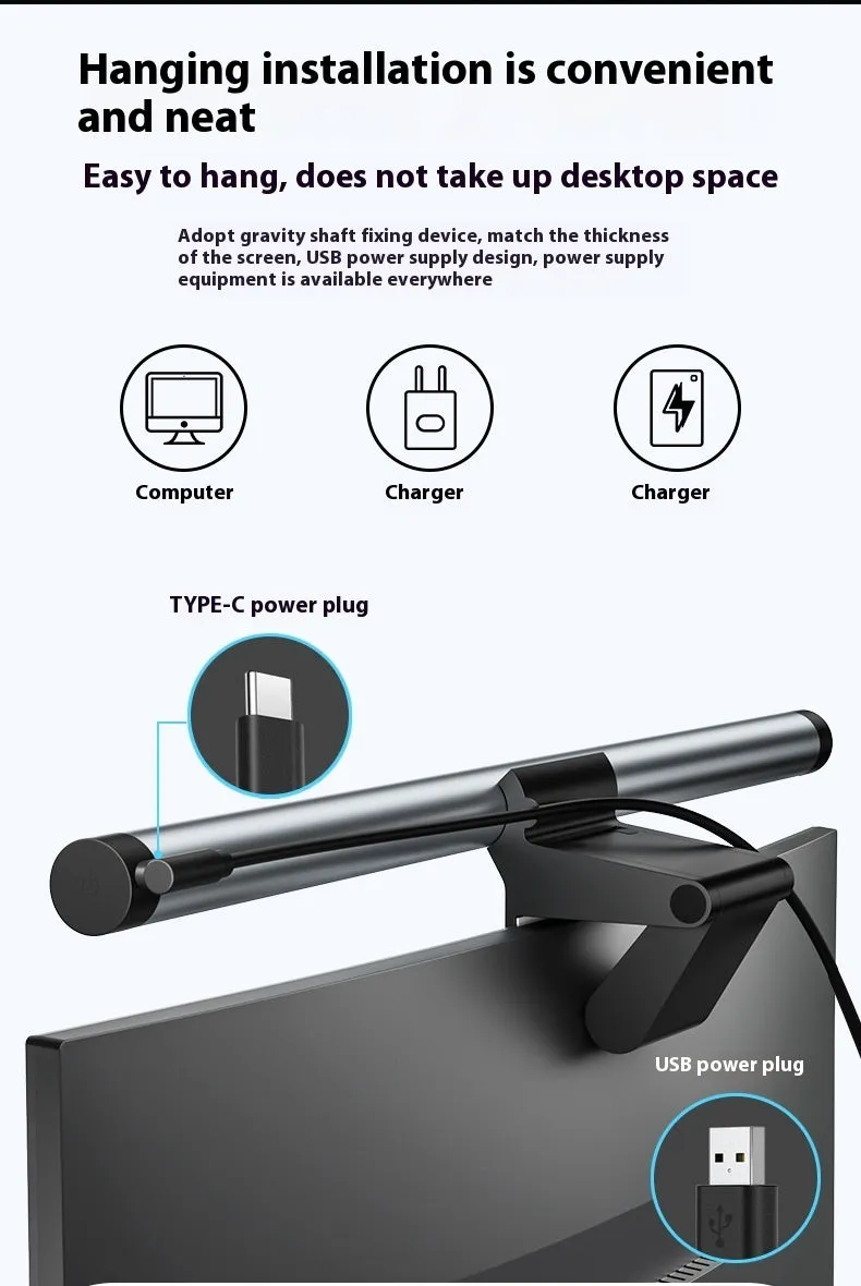 Asymmetric anti blue light screen hanging light on computer monitor with 2.4G wireless control