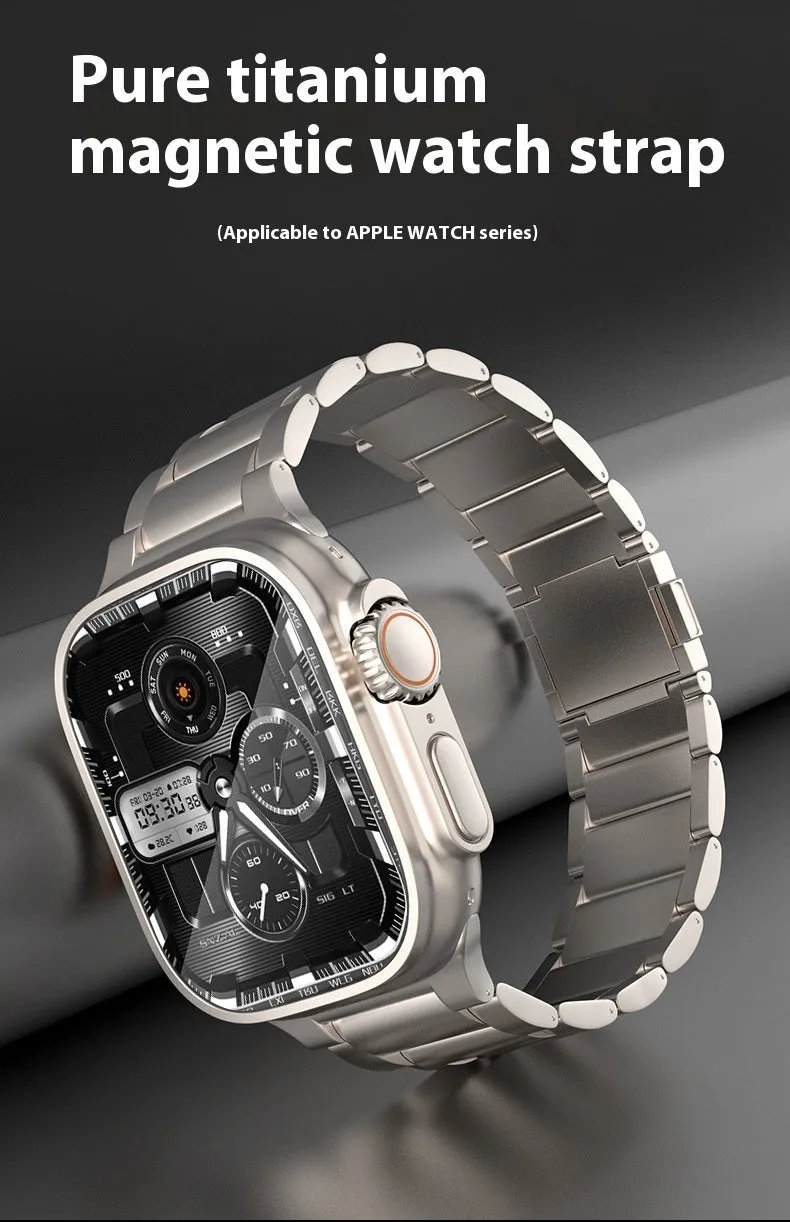 Titanium alloy magnetic snap watch strap for Apple Watch in silver colour on a wrist