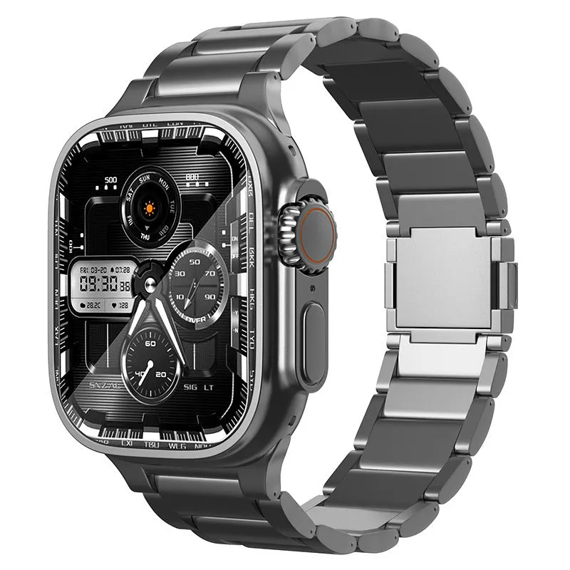 Titanium alloy magnetic snap watch strap for Apple Watch in silver colour on a wrist