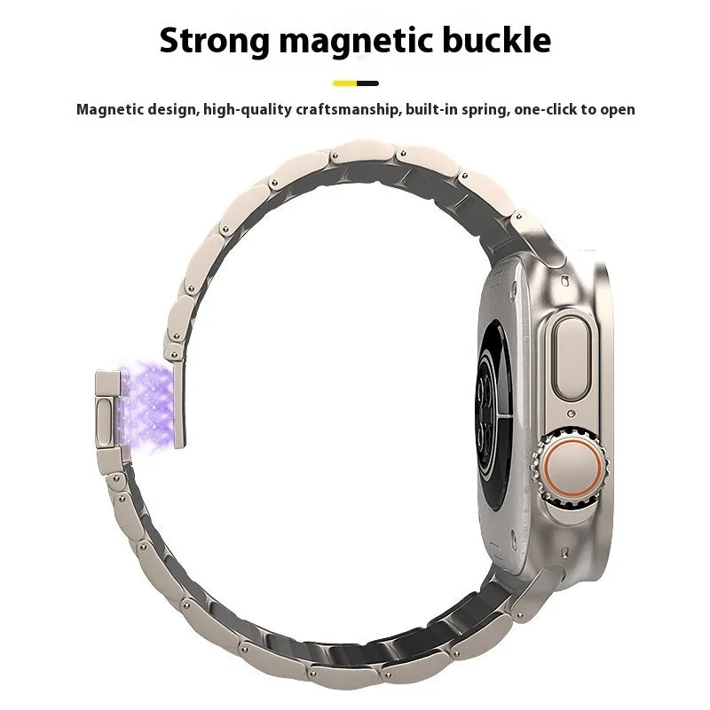 Titanium alloy magnetic snap watch strap for Apple Watch in silver colour on a wrist