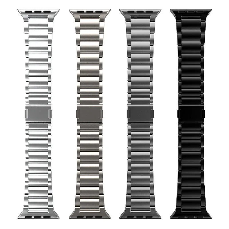 Titanium alloy magnetic snap watch strap for Apple Watch in silver colour on a wrist