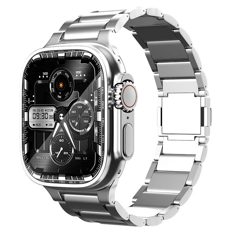 Titanium alloy magnetic snap watch strap for Apple Watch in silver colour on a wrist