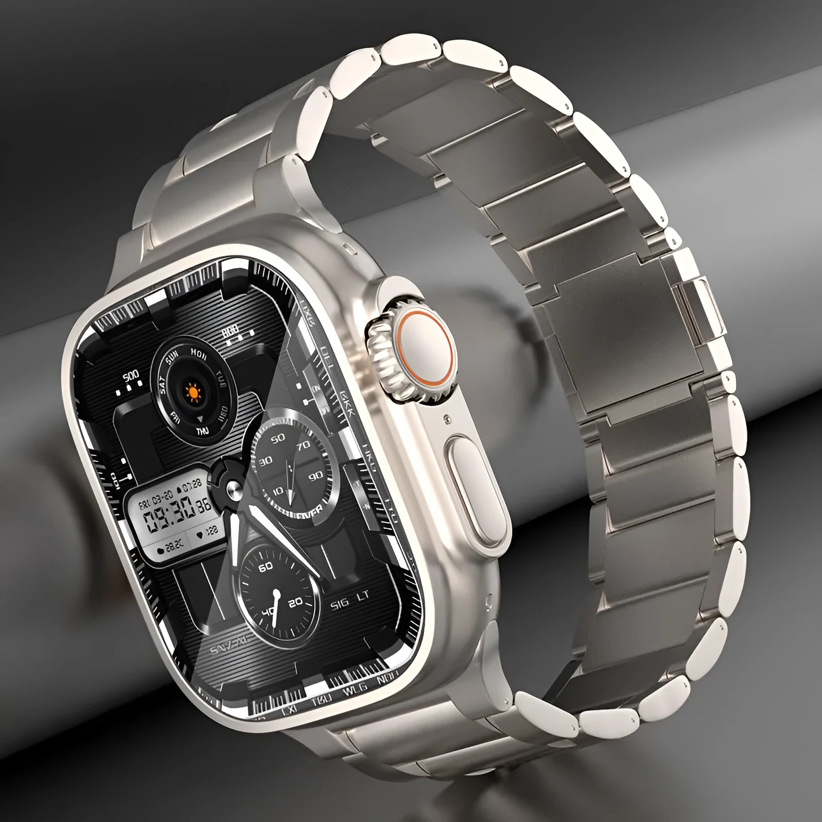 Titanium alloy magnetic snap watch strap for Apple Watch in silver colour on a wrist