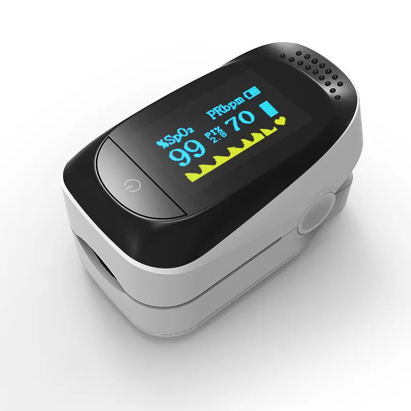 fingertip pulse oximeter with black OLED screen showing SPO2 and pulse rate readings