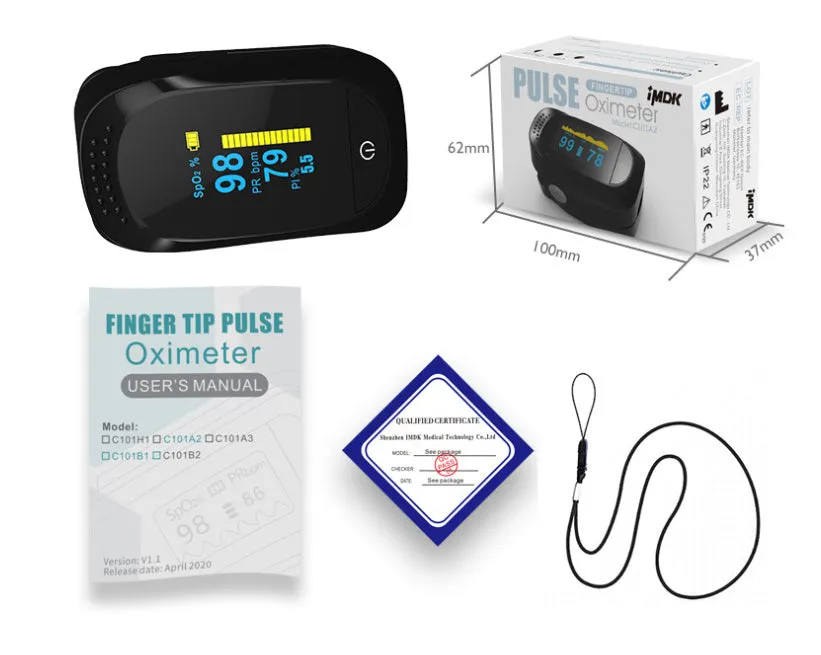 fingertip pulse oximeter with black OLED screen showing SPO2 and pulse rate readings