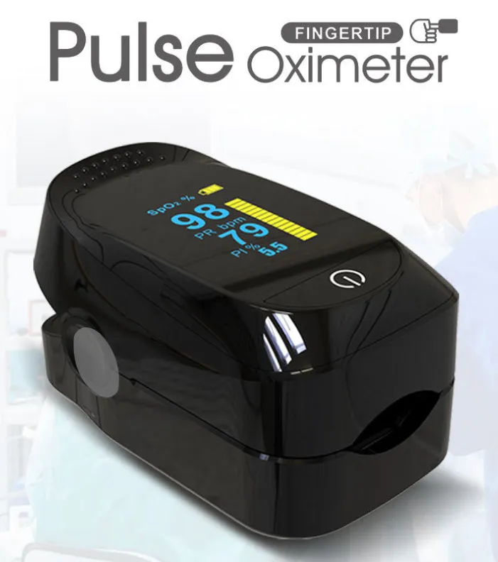 fingertip pulse oximeter with black OLED screen showing SPO2 and pulse rate readings