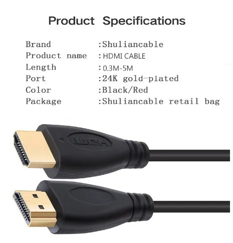 Gold-plated HDMI cable with male connectors on both ends available in multiple lengths for HDTV and gaming consoles
