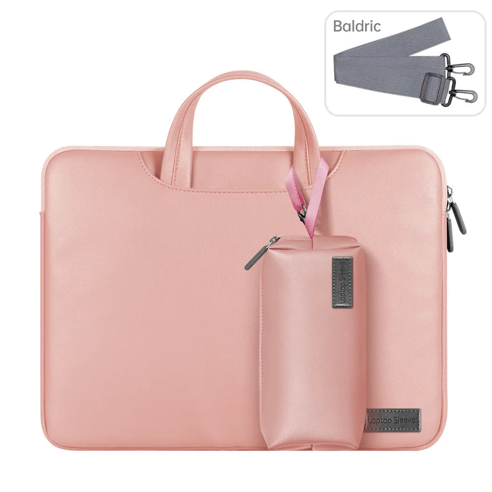 Shockproof waterproof PU laptop bag in black with shoulder strap and accessory bag for 15.6 inch laptop