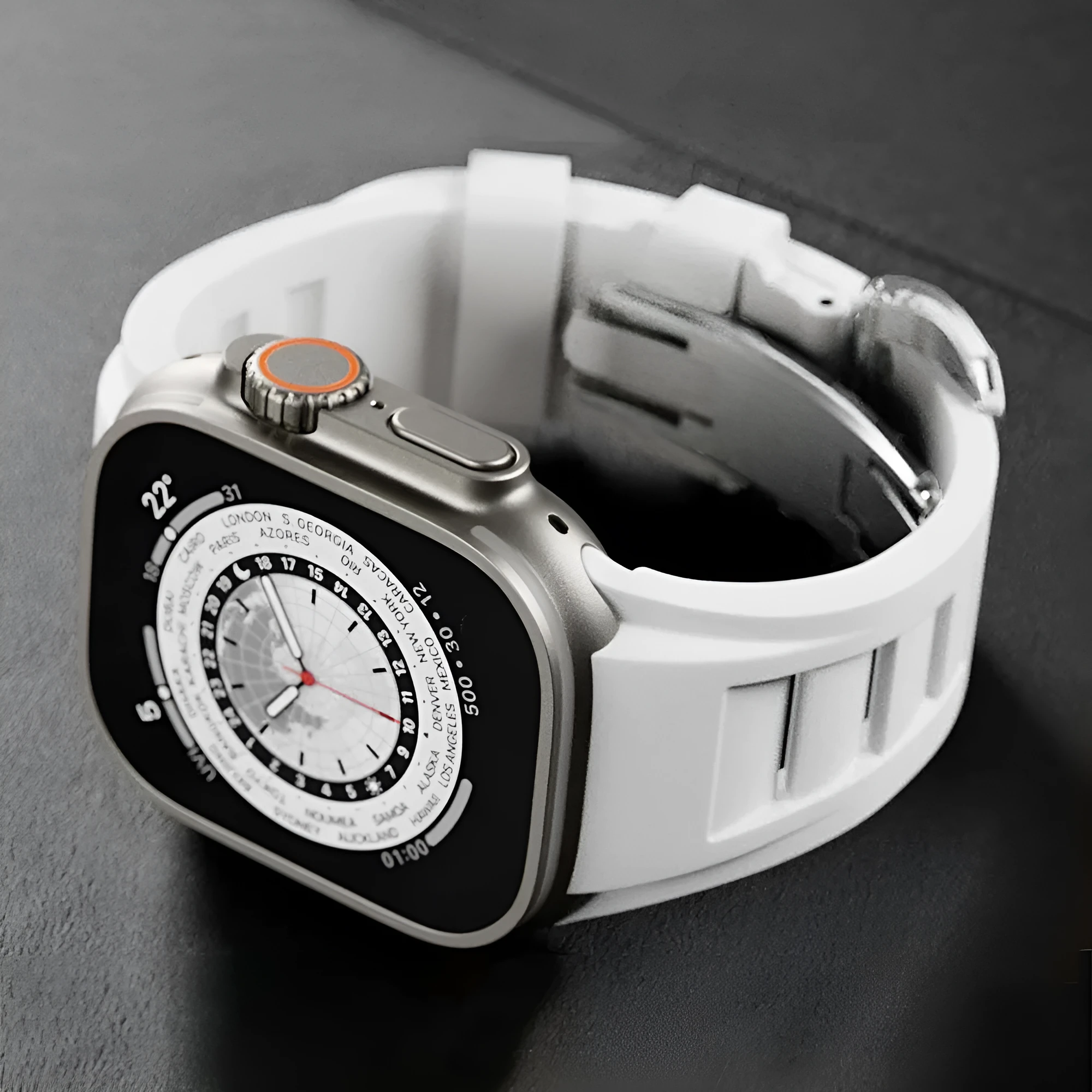 Orange liquid silicone watch strap with silver folding buckle for 42-49mm smartwatch case