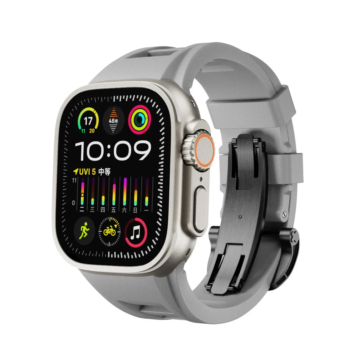 Orange liquid silicone watch strap with silver folding buckle for 42-49mm smartwatch case