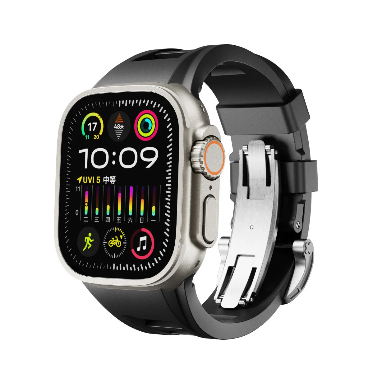 Orange liquid silicone watch strap with silver folding buckle for 42-49mm smartwatch case