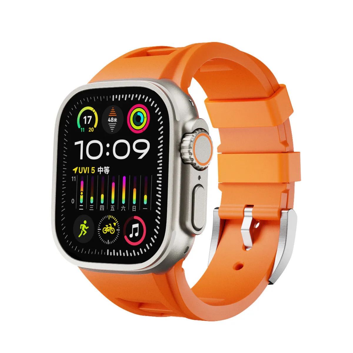 Orange liquid silicone watch strap with silver folding buckle for 42-49mm smartwatch case
