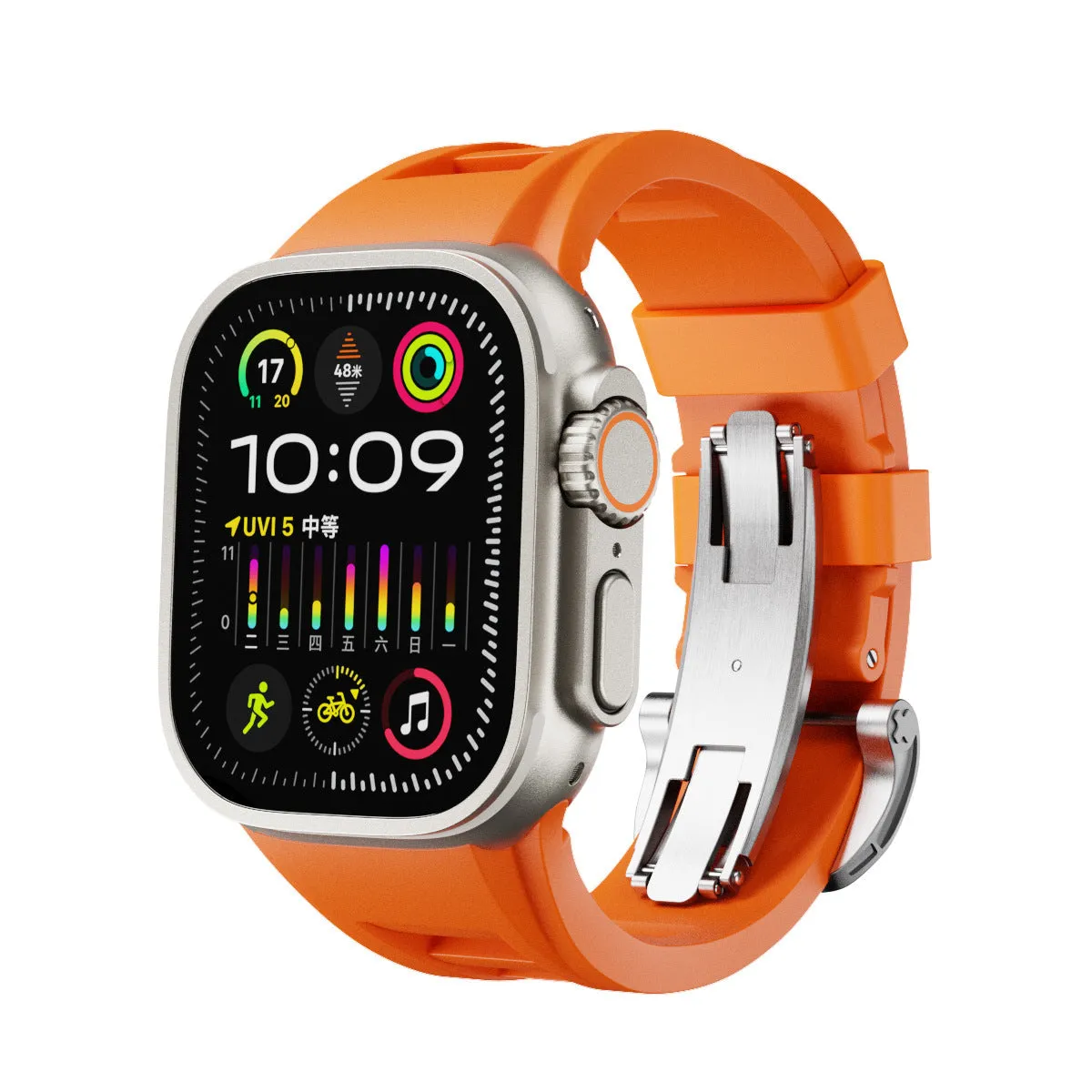 Orange liquid silicone watch strap with silver folding buckle for 42-49mm smartwatch case